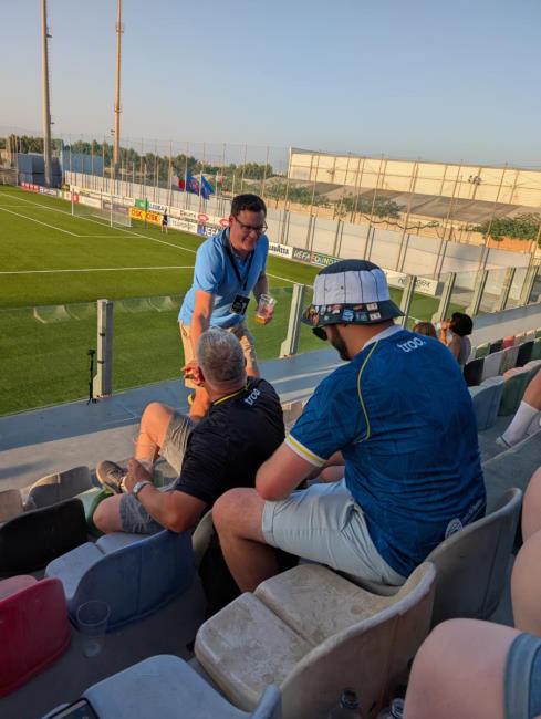 Chairman Rob Edwards greets Haverfordwest County supporters at the Centenary Stadium